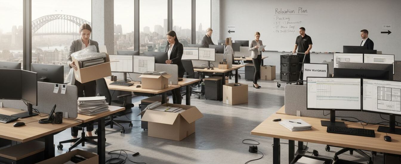 Employees packing up busy Australian office