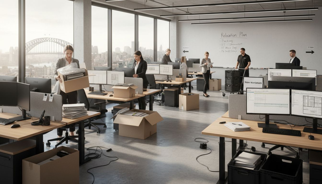 Employees packing up busy Australian office