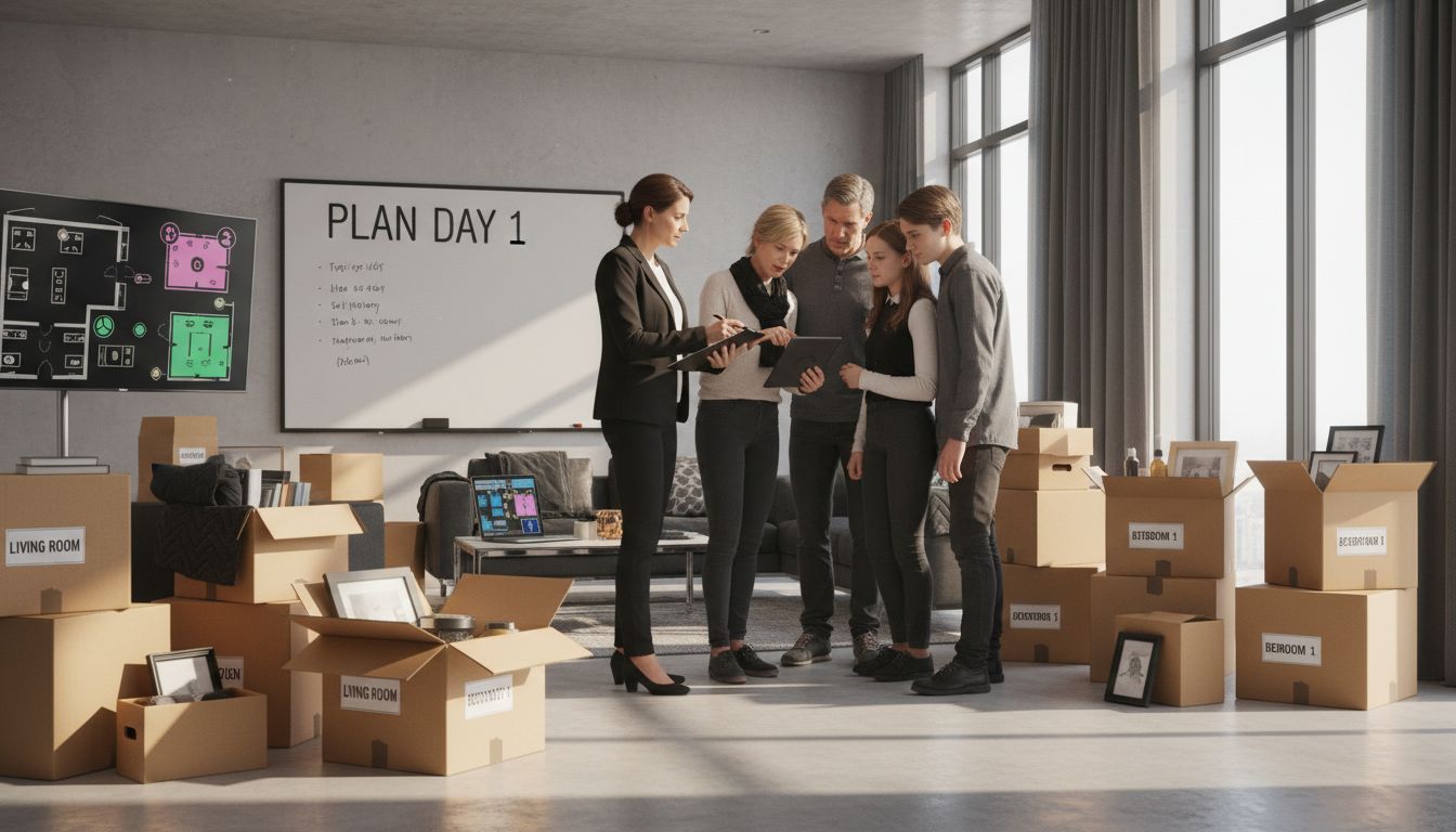 Family with consultant planning move amid boxes