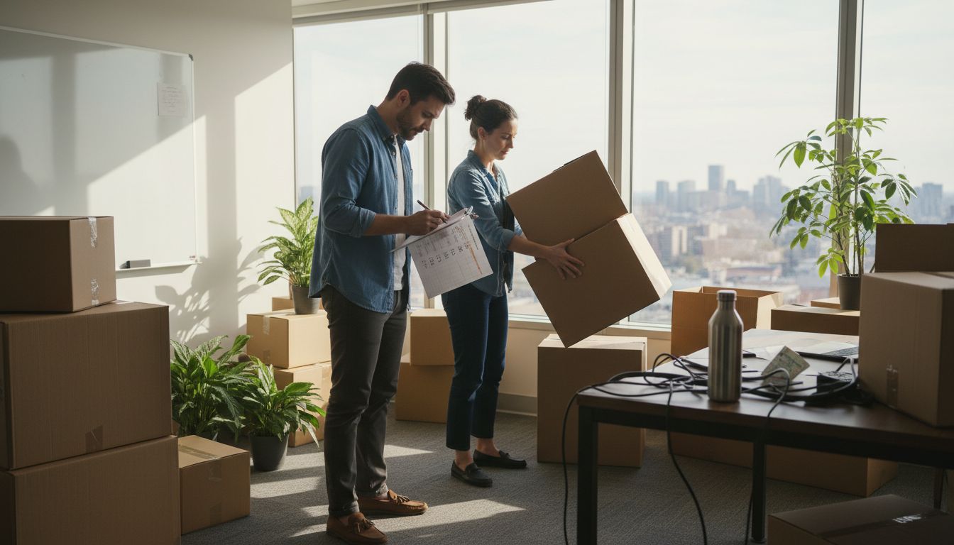 Employees preparing office for workplace move