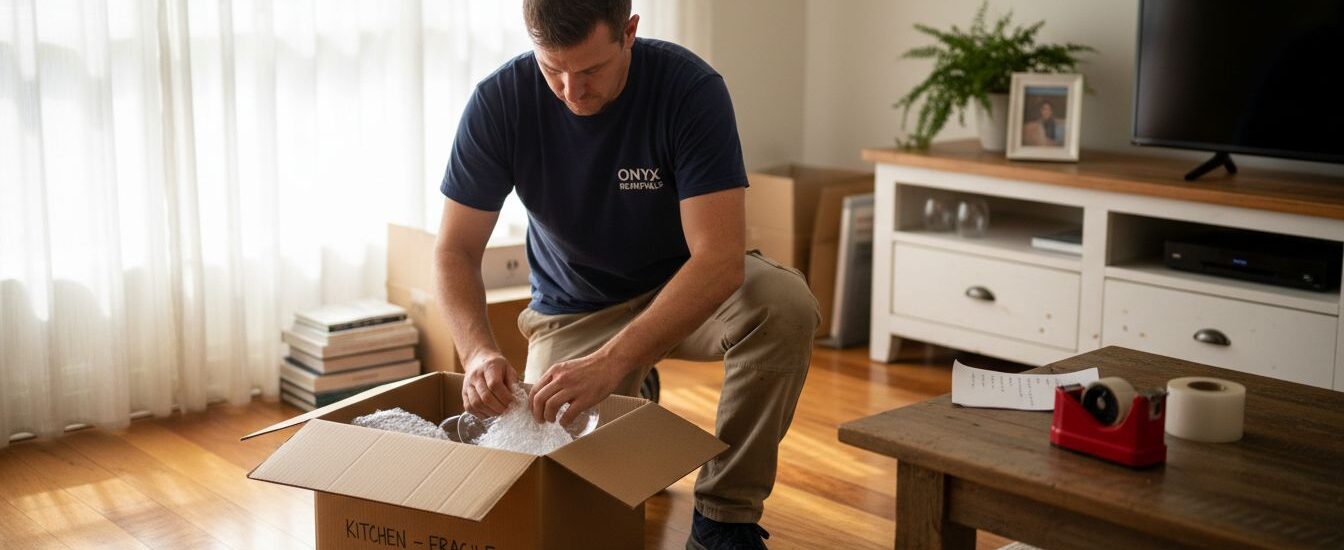Mover wraps glassware in busy living room
