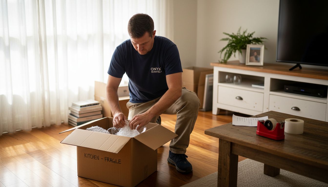 Mover wraps glassware in busy living room