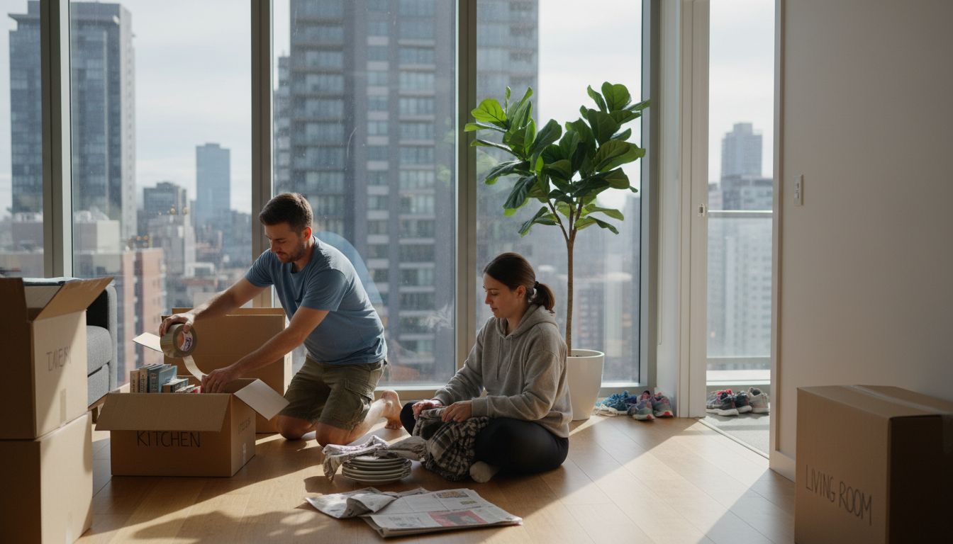 Family boxing items during Melbourne apartment move