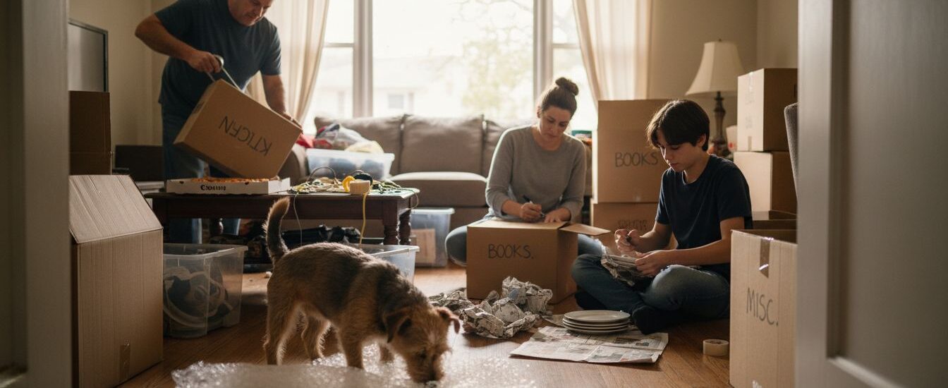 Family packing moving boxes in cluttered living room