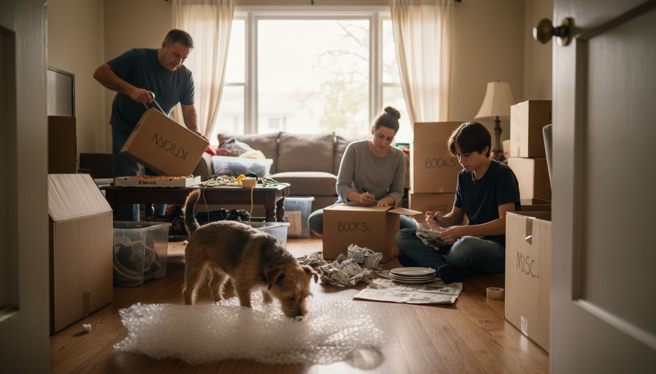 Family packing moving boxes in cluttered living room