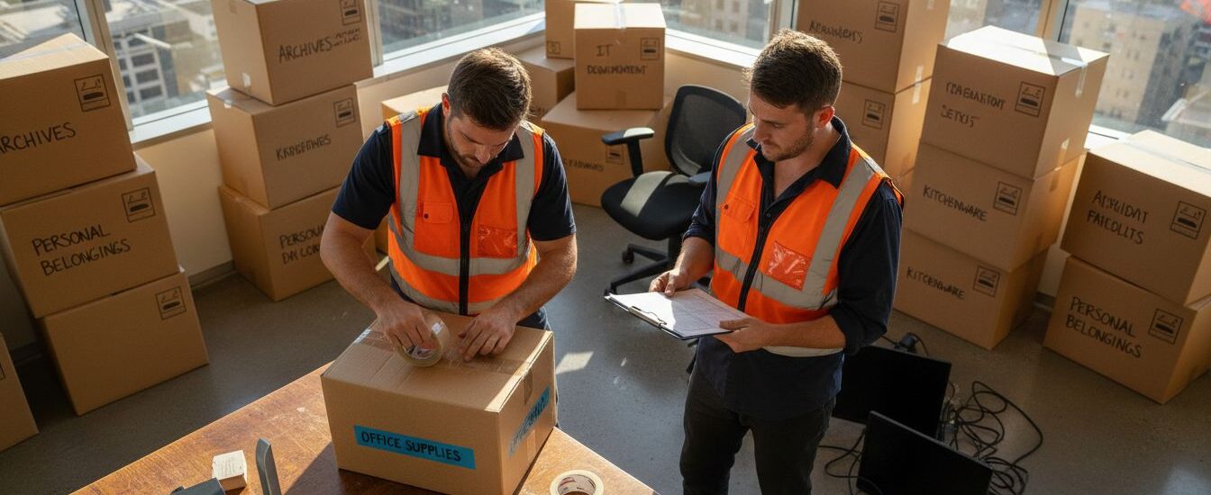 Movers packing boxes in busy high-rise office