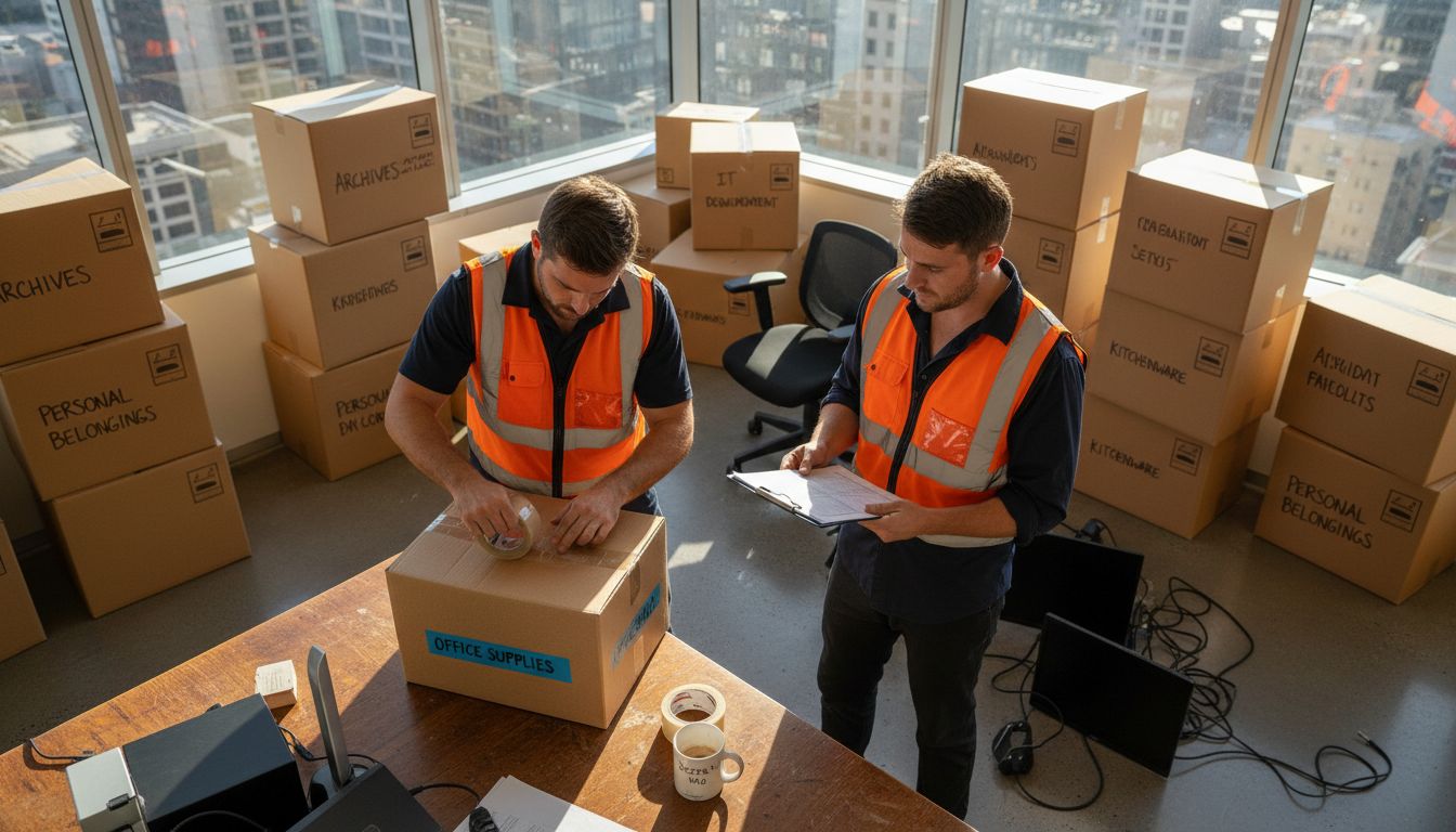 Movers packing boxes in busy high-rise office
