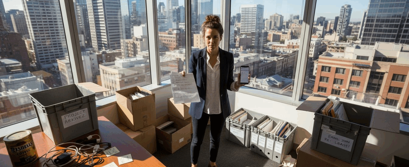 Manager reviewing checklist during office move