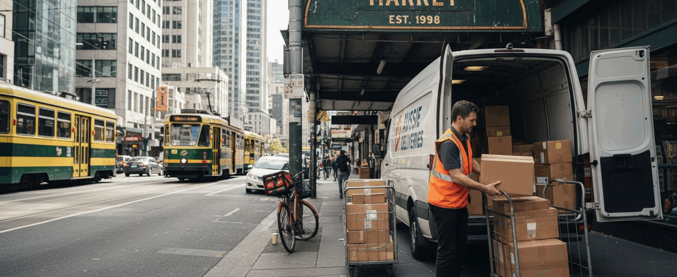 Courier unloading boxes at Melbourne storefront
