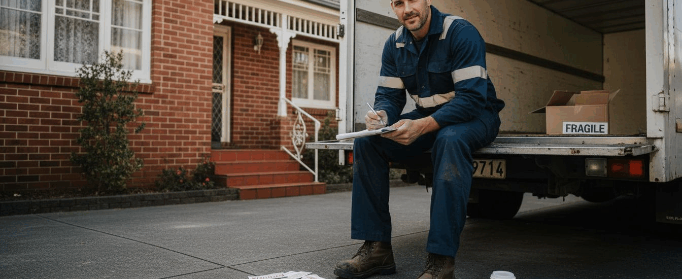 Mover reviewing estimate at van outside house