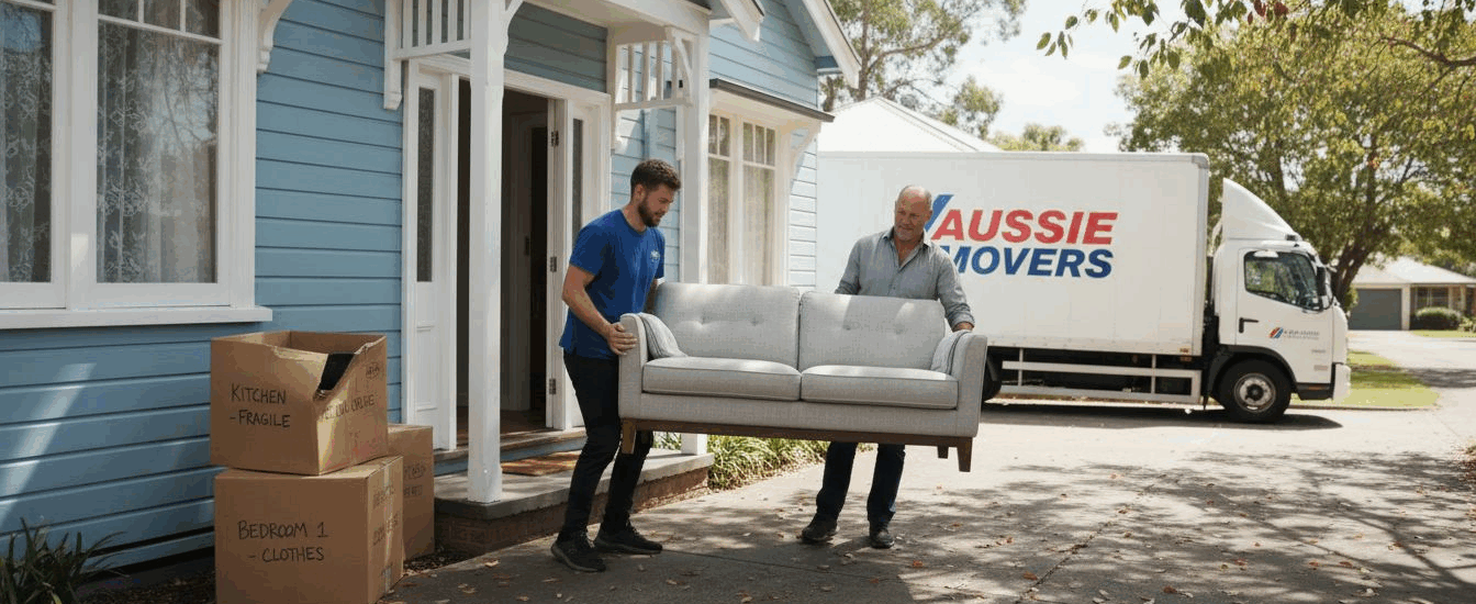 Removalists carrying couch outside suburban house