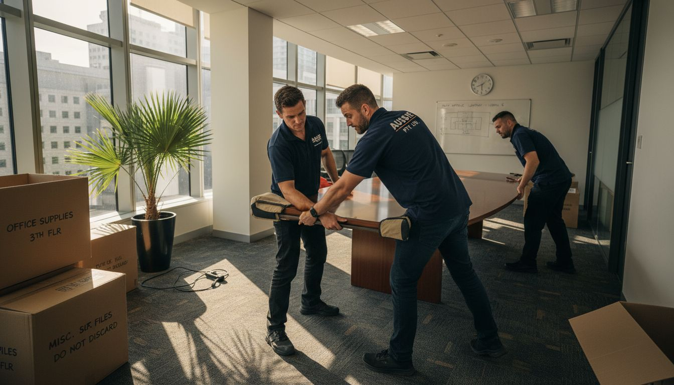 Removal team moving office furniture in hallway