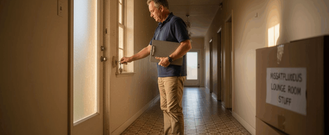 Landlord unlocking apartment door for inspection