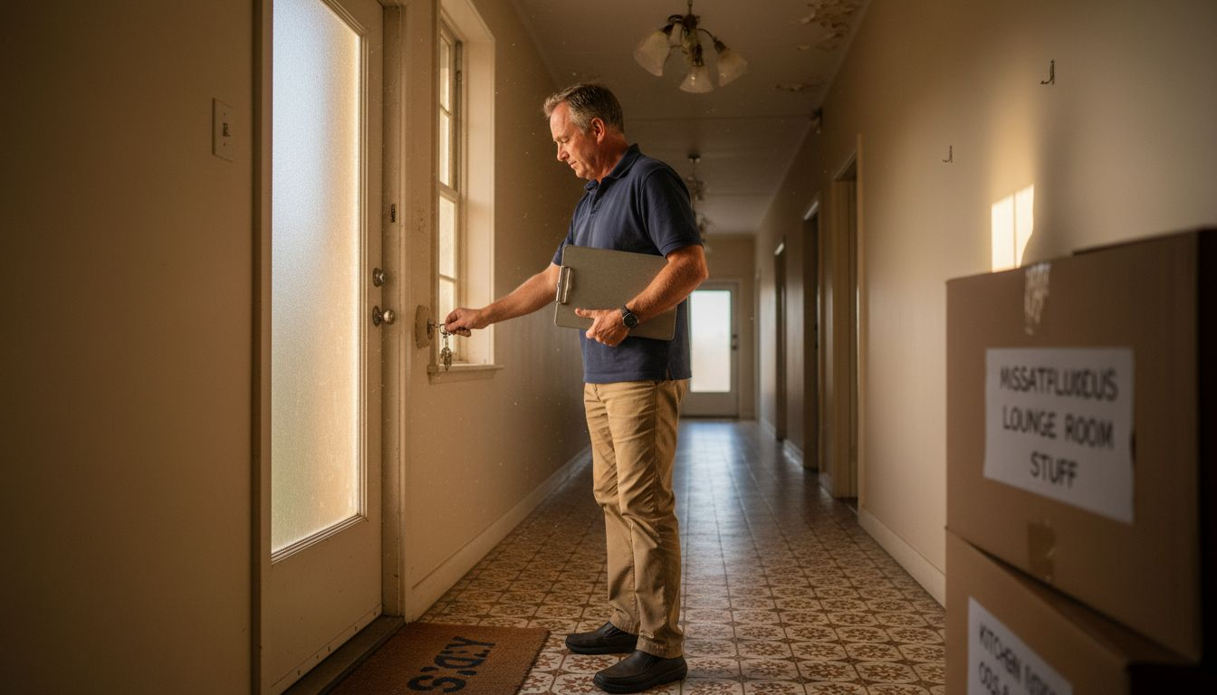 Landlord unlocking apartment door for inspection
