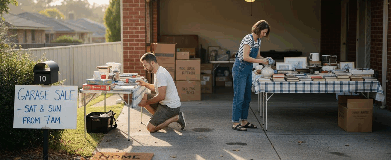 Couple setting up garage sale before move