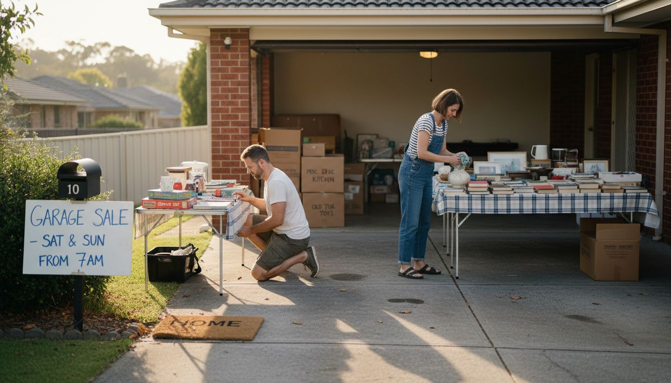 Couple setting up garage sale before move