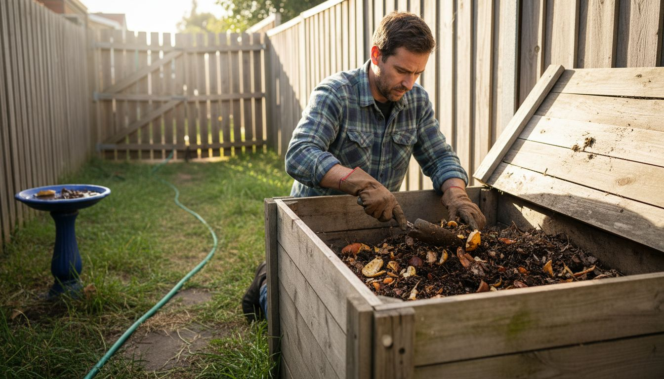 Man tending backyard compost bin with garden tools