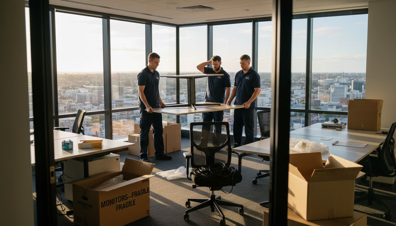 Movers carrying furniture through busy office