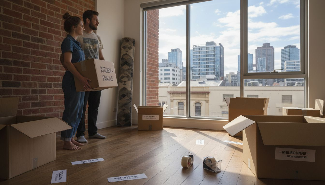 Couple packing boxes in Melbourne apartment