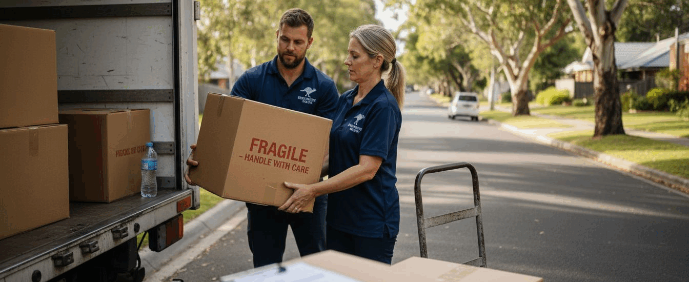 Movers packing boxes into truck curbside