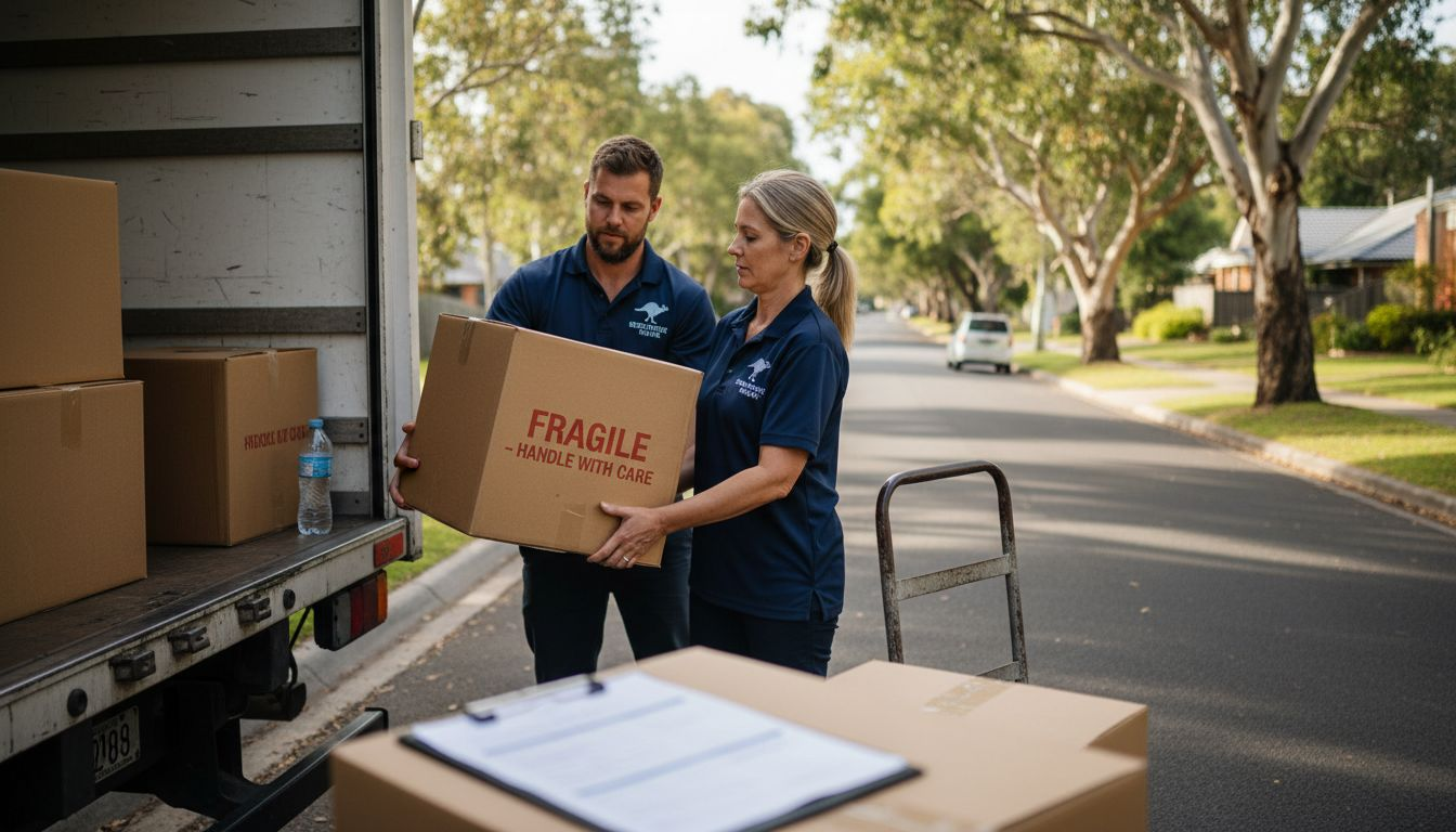 Movers packing boxes into truck curbside