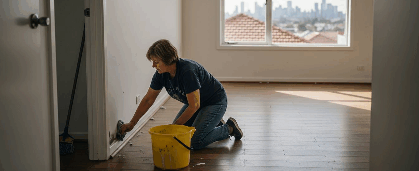 Woman cleaning empty living room during move