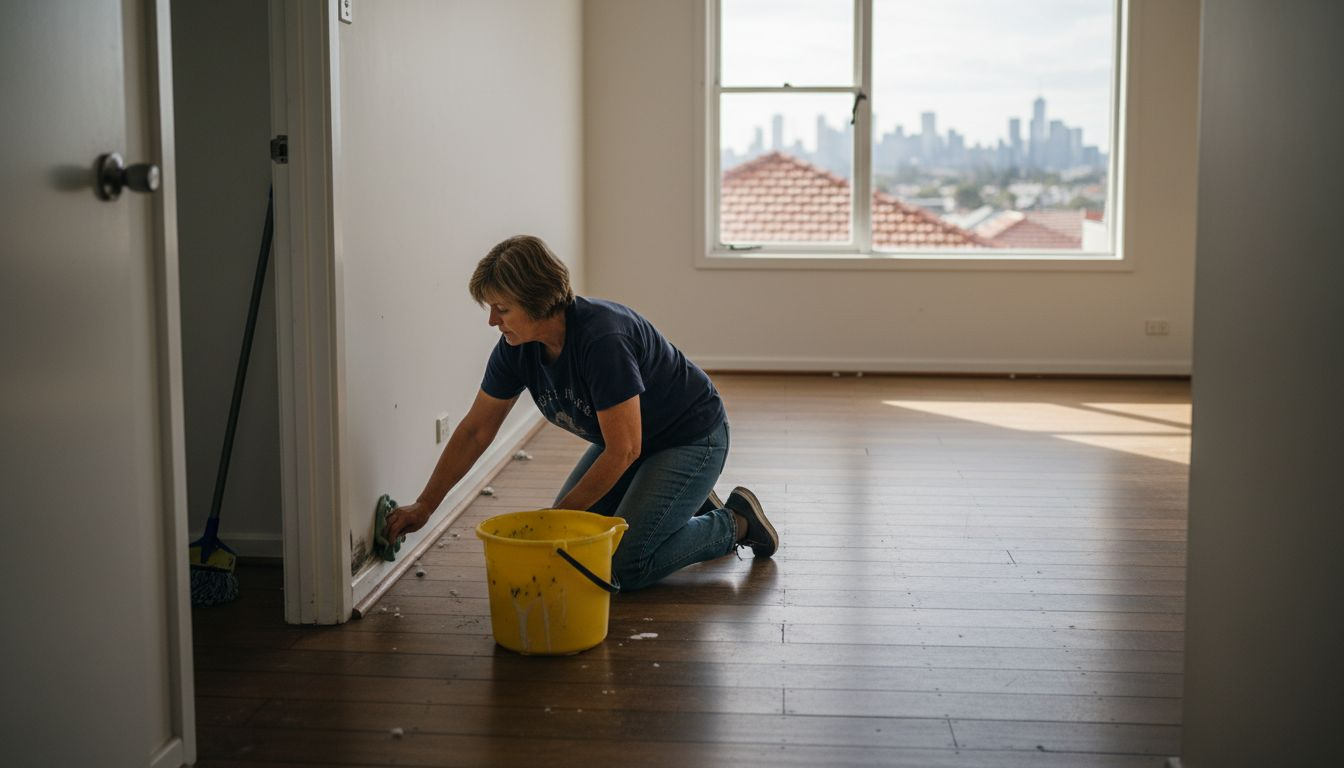 Woman cleaning empty living room during move