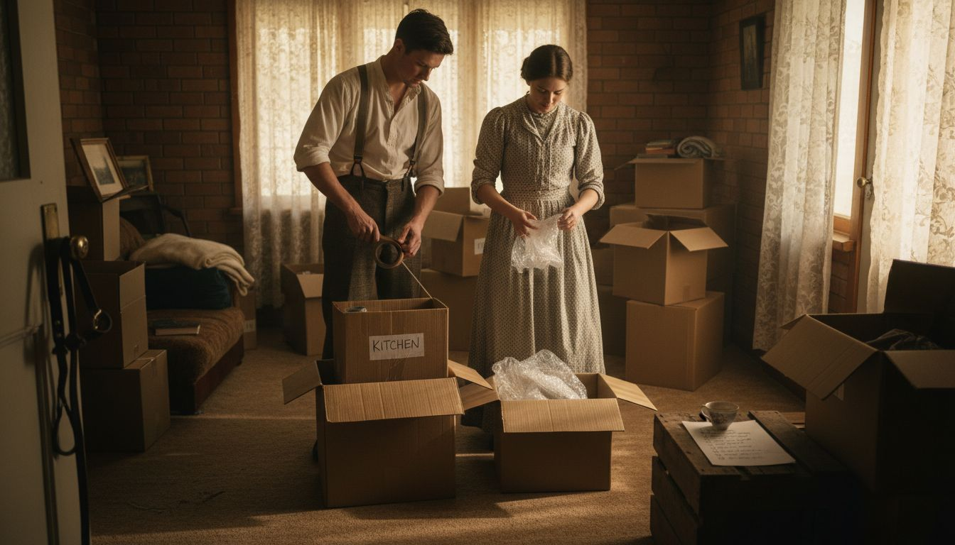 Victorian couple packing boxes for out of state move