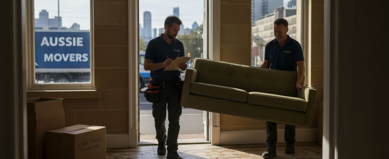 Movers carrying sofa in Melbourne apartment hallway