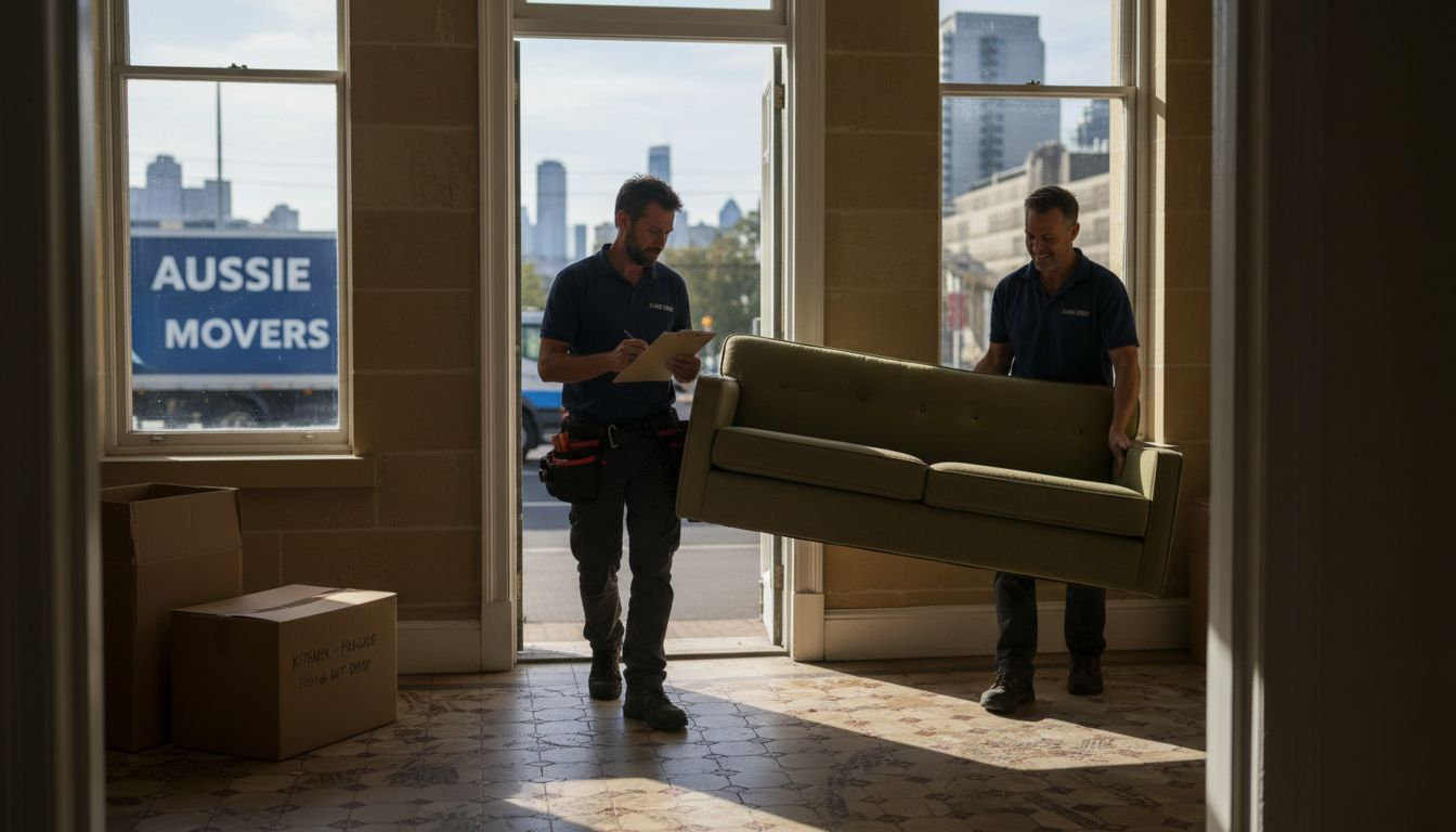 Movers carrying sofa in Melbourne apartment hallway