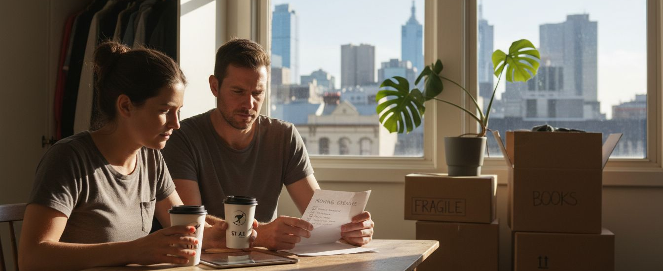 Couple comparing Melbourne removal companies at kitchen table