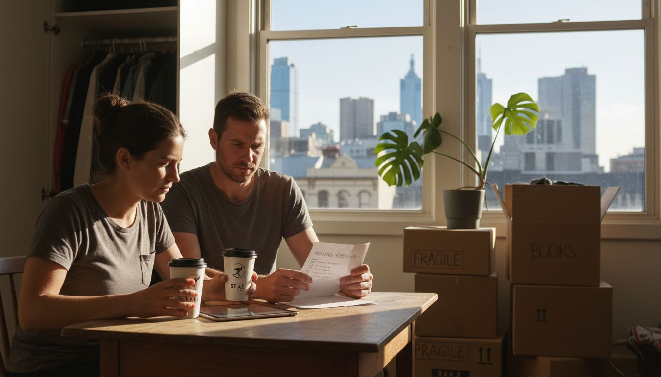 Couple comparing Melbourne removal companies at kitchen table