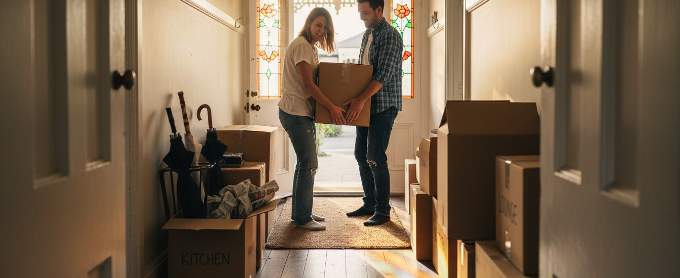 Couple carrying moving box in Melbourne house hallway