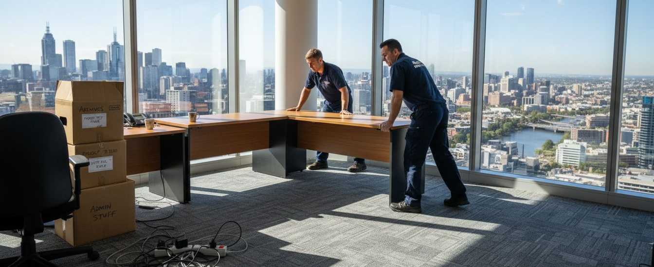 Movers carrying desk in Melbourne office