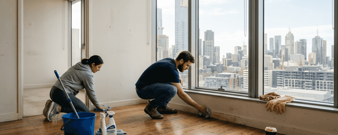 Couple cleaning empty Melbourne apartment, city in background