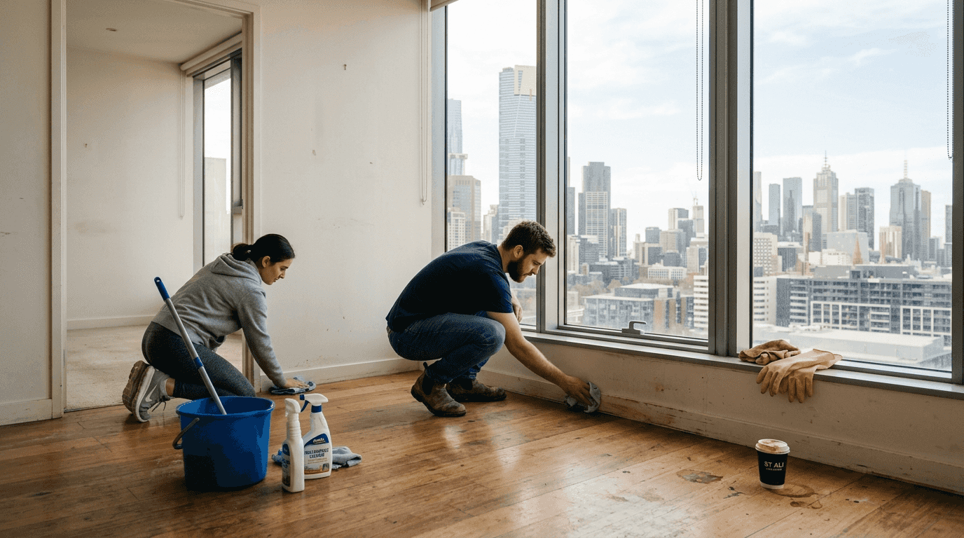 Couple cleaning empty Melbourne apartment, city in background