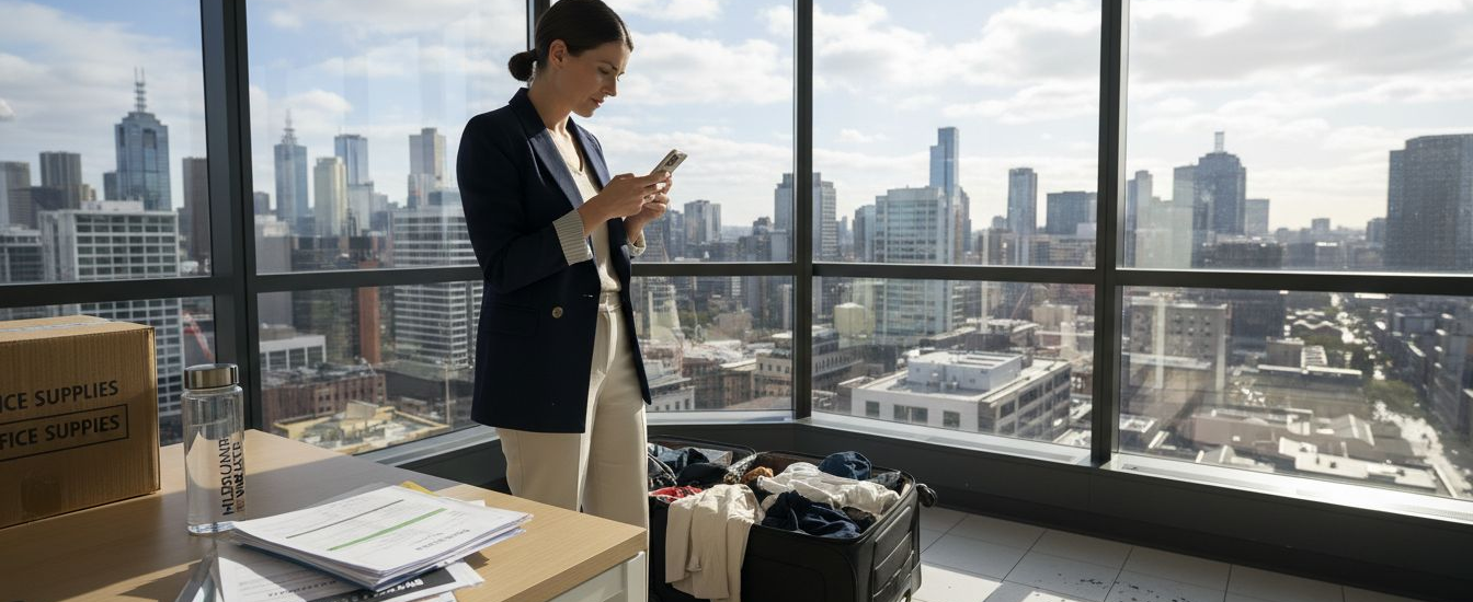 Melbourne office worker with suitcase unpacking