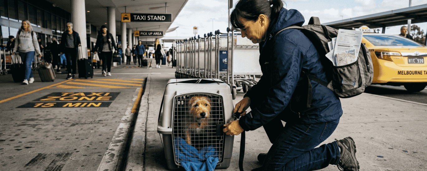 Woman preparing pet crate at Melbourne Airport