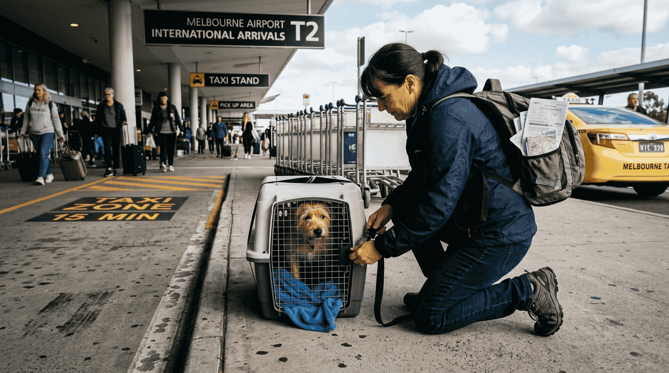 Woman preparing pet crate at Melbourne Airport