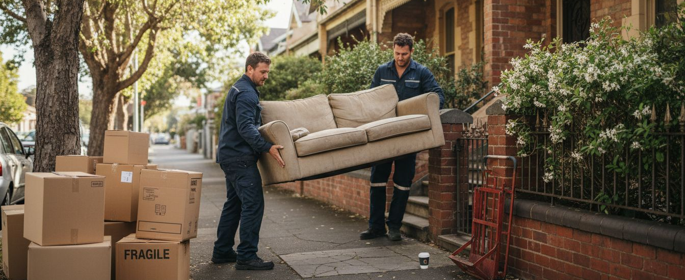 Removalists carrying sofa outside Melbourne terrace house