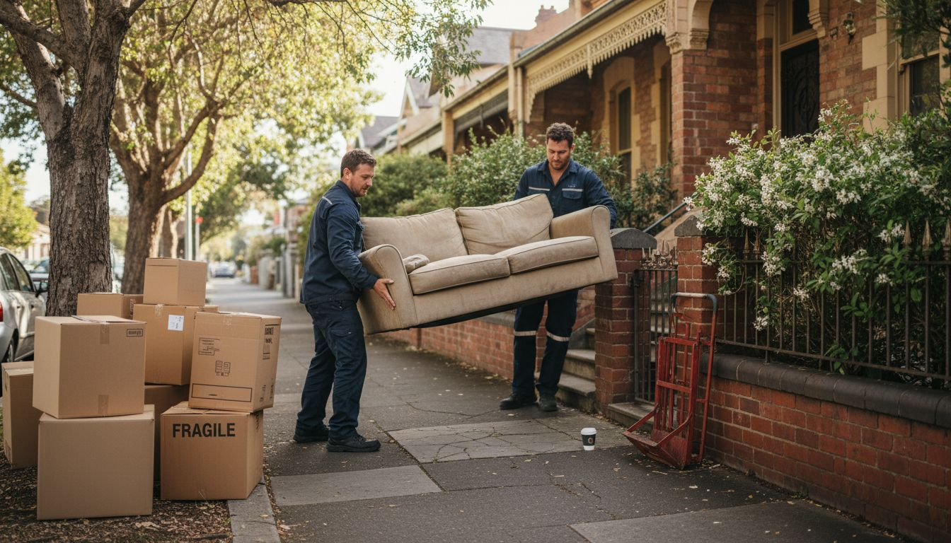 Removalists carrying sofa outside Melbourne terrace house