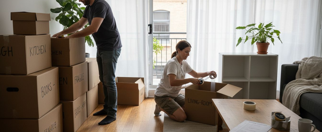 Couple preparing boxes for Melbourne move