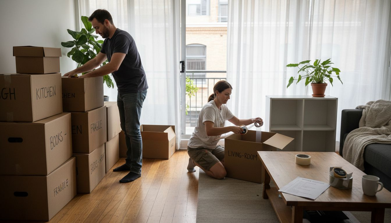 Couple preparing boxes for Melbourne move