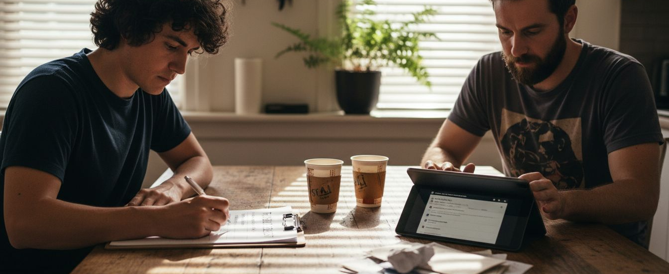 Couple reviewing moving quotes at kitchen table