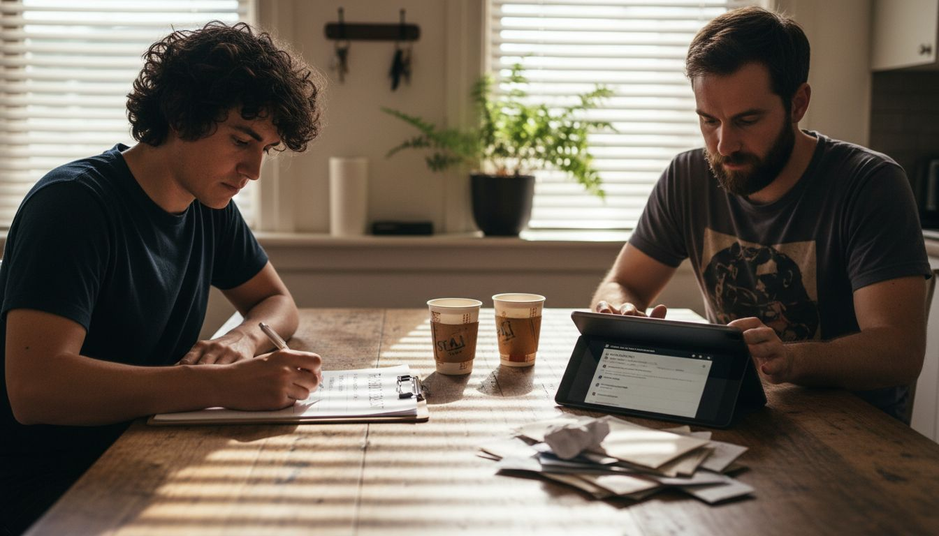 Couple reviewing moving quotes at kitchen table