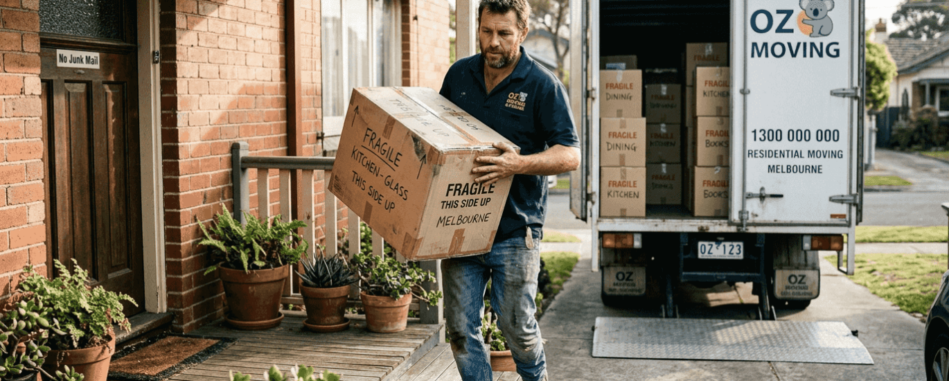 Removalist carrying moving box from Melbourne home