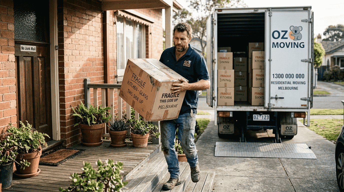 Removalist carrying moving box from Melbourne home