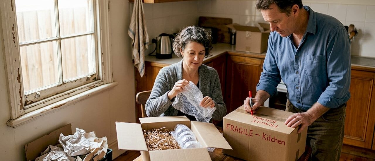 Couple carefully packing fragile kitchen items