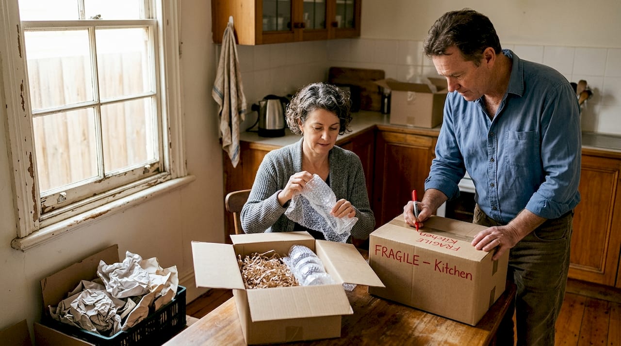 Couple carefully packing fragile kitchen items