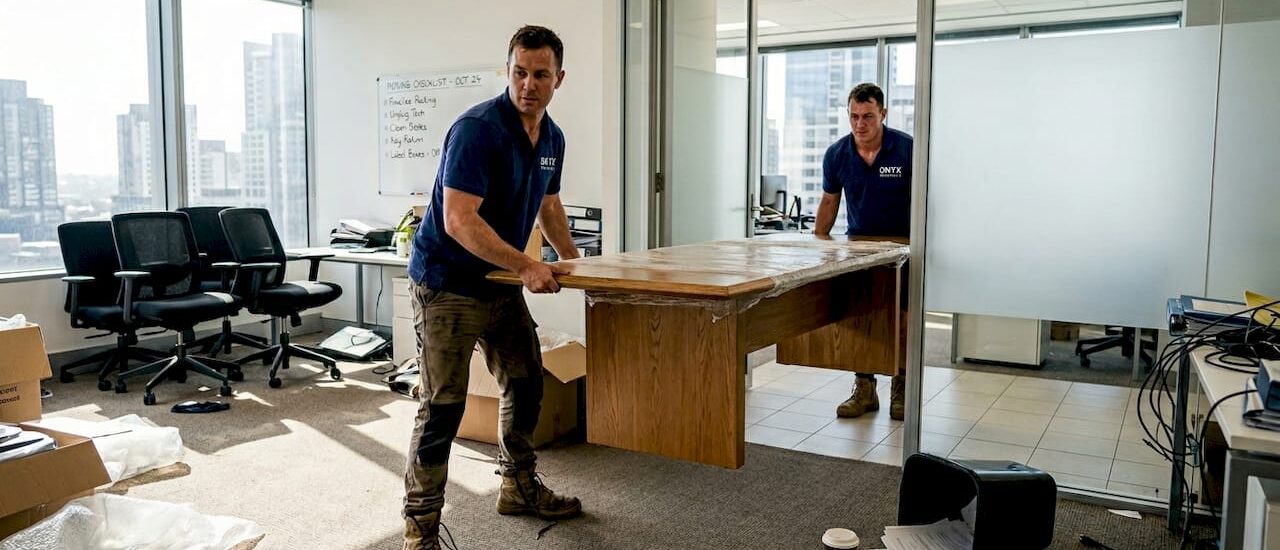 Removalists moving table in Melbourne office